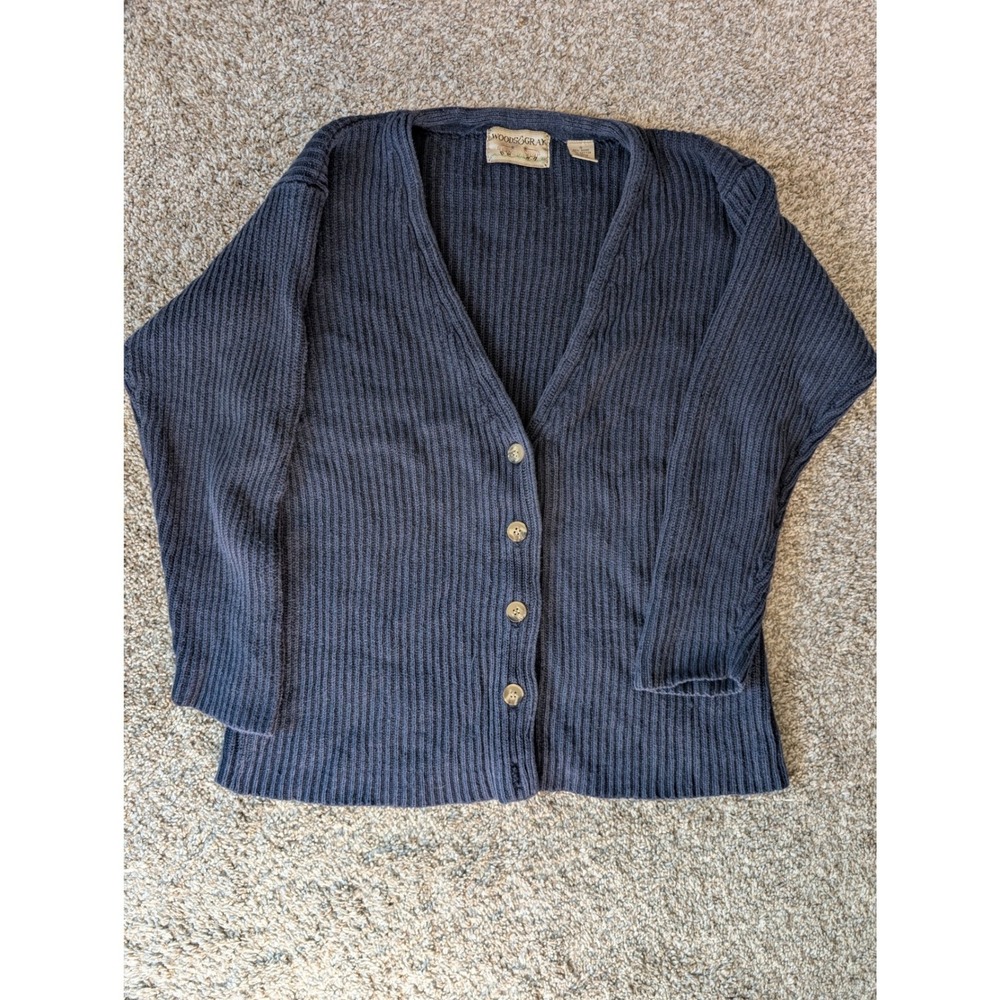 Woods & Gray Cardigan Sweater Womens Small Navy Blue Ribbed Ramie Cotton Vtg